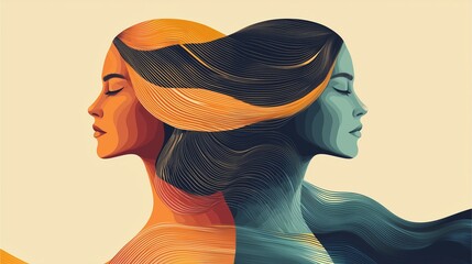 Woman Reflection Theme: Abstract profile of two women with flowing hair in orange and teal against a light background.