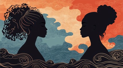 Woman Reflection Theme: Minimalist silhouette of two women in profile with flowing hair and intricate line art in a bold color palette.