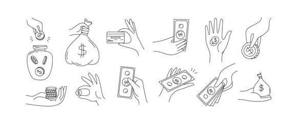 Doodle hand with money. Hand drawn hands holding coins, cash dollar bills, money bag and credit card. Financial savings, donations and cash flow vector set