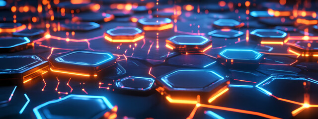 Obraz premium Digital Landscape with Glowing Hexagons
