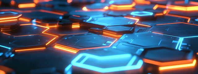 Fototapeta premium Digital Landscape with Glowing Hexagons