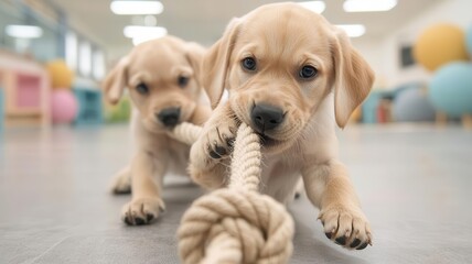 Puppies playing tug-of-war with a rope toy at a doggy daycare, surrounded by colorful decor   puppy playtime, daycare fun
