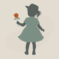 a black silhouette of a little girl holding a rose. isolated white background