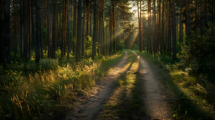 Naklejka premium Sunbeams Through the Trees: A Forest Path at Golden Hour