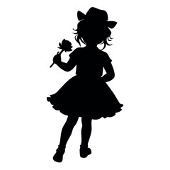 a black silhouette of a little girl holding a rose. isolated white background