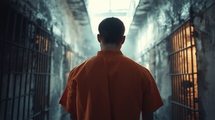 dangerous prisoners, orange uniform, asylum, cinematic, dramatic lighting