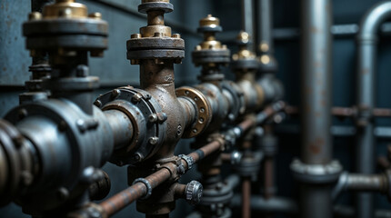 Fototapeta premium A set of metal pipes, with a shallow depth of field highlighting a single valve