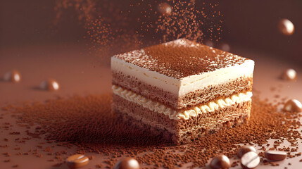 Closeup of a Delicious Chocolate Cake with Cocoa Powder and Coffee Beans