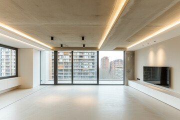 Modern minimalist style, blank living room, white color, wide angle view