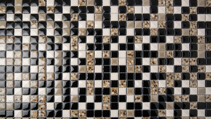 Close-up of a black and white tile mosaic with beige accents.