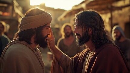 Obraz premium miraculous moment in the Decapolis marketplace as Jesus places his hands on the deaf man's ears