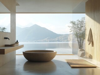 Fototapeta premium A large bathtub is in a bathroom with a view of a lake. A towel is hanging on the wall