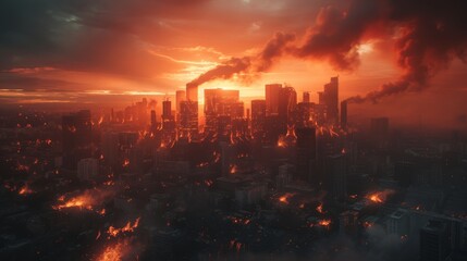 Fototapeta premium Urban Disaster Scene with Burning Buildings and Smoke - Concept of Risk Mitigation and Crisis Management