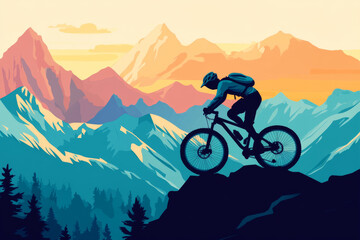 Obraz premium Silhouette of cyclist riding his mountain bike on cliff in the mountains. Adventure and outdoor spirit concept