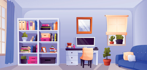 Fototapeta premium Home office room interior. Desk with computer, large bookcase and sofa. Remote work online. Cartoon vector banner or background of gaming environment.