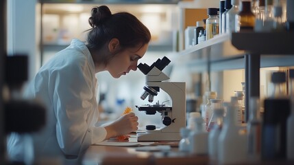 A Female Scientist Examining a Sample Under a Microscope in a Laboratory