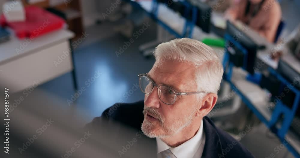 Aufkleber Professor, man and writing on board for education, curriculum and learning in top view. Mature lecturer, talk and teaching in university with students on computer for IT, software and coding lesson