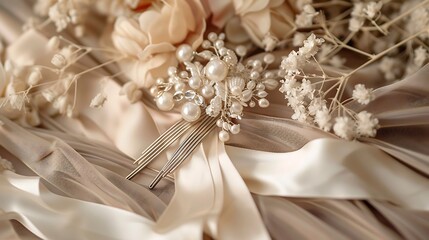 Fototapeta premium A pearl adorned hairpin combing attached to a silky texture ribbon