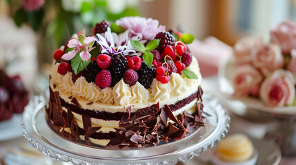 Red Velvet Cake with Berries and Chocolate Shavings