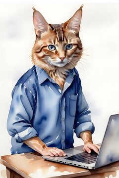 A focused striped cat in a blue shirt is working on a laptop