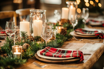 Naklejka premium Wooden table is festively set for Christmas dinner with garland, candles and plaid napkins. Table setting for winter holidays