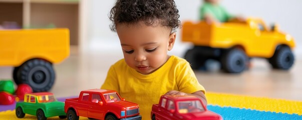 Toddlers happily playing with toy cars and trucks on a colorful play mat at daycare   imaginative play, daycare fun
