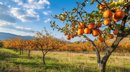 A beautiful autumn landscape with persimmon trees heavy with ripe fruit, their bright orange contrasting against the crisp blue sky.