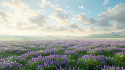 Naklejka premium Lavender field under a bright sky with fluffy clouds during late afternoon in a picturesque rural landscape
