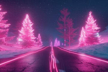 Neon pink Christmas trees lining a snowy road at night, illuminated by glowing lights under a starry sky