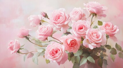 A bouquet of delicate pink roses in full bloom, placed against a soft pink background, evoking romance and elegance.