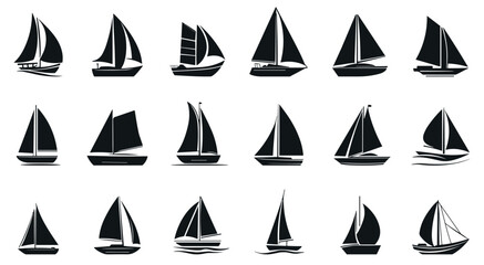 Sailing boat silhouette black icons set. Transport travelling vacation marine ship with sail yacht. Nautical design elements for yacht club sailing simple sport logo in flat style. Isolated vector on