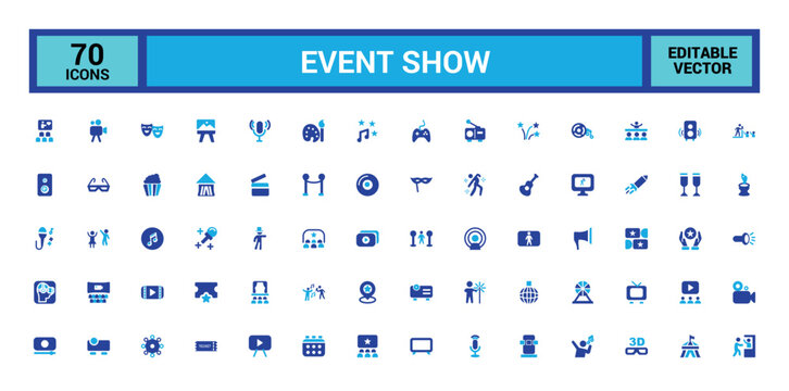 Event Show colorful icon set. Containing entertainment, ticket, stage, spotlight, cinema, magician, concert, event more. Solid color vector icons collection.