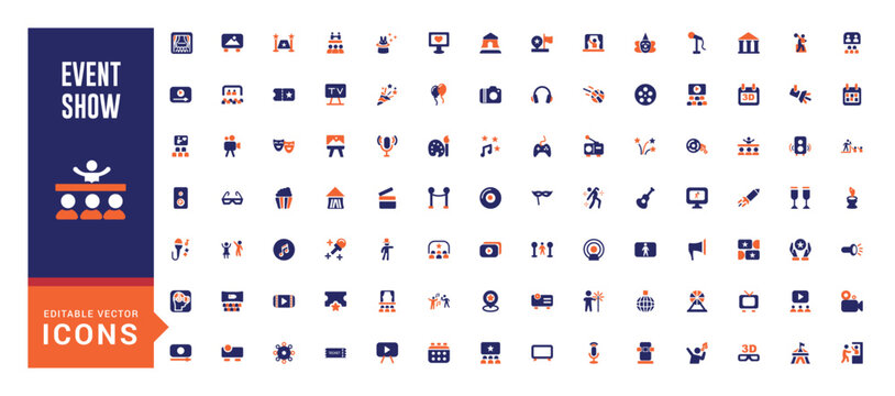 Event Show colorful icon set. Containing entertainment, ticket, stage, spotlight, cinema, magician, concert, event more. Solid color vector icons collection.