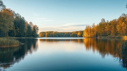 A calm lake surrounded by trees, with the water reflecting the soft light blue hues of the sky at sunset.