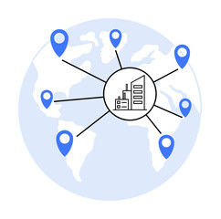 Central building icon connected to blue location markers spread globally across a faint world map. Simplistic vector style. Ideal for global business, logistics, networking, connectivity, supply chain