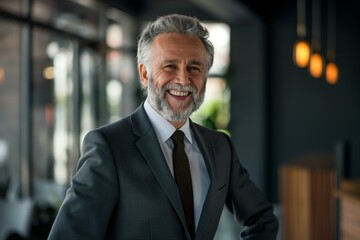Naklejka premium A man in a suit and tie is smiling and posing for a photo. Concept of confidence and professionalism, as the man is dressed in a formal attire. The bright smile on his face suggests that he is happy