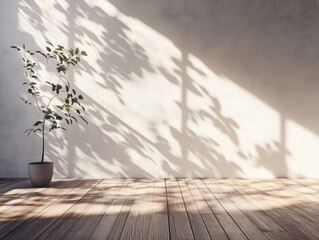 A potted plant sits in front of a wall. The plant casts a shadow on the wall