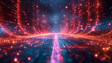 Obraz premium Futuristic Digital Landscape with Neon Lights and Abstract Technology Elements in a Vibrant, Dynamic Background