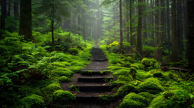 Stone Steps Leading Through a Lush, Mossy Forest