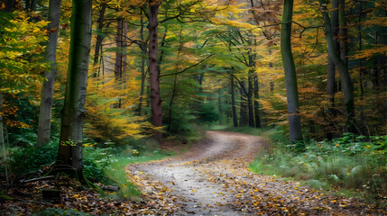 Fototapeta premium Autumn Forest Path: A Winding Trail Through Golden Leaves