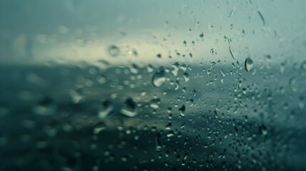 Raindrops on a Window Pane - Blurred Ocean Background