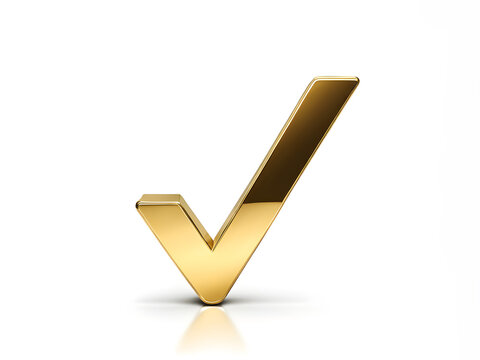 Shiny golden check mark symbol on white background, metallic gold tick mark sign, geometric shapes