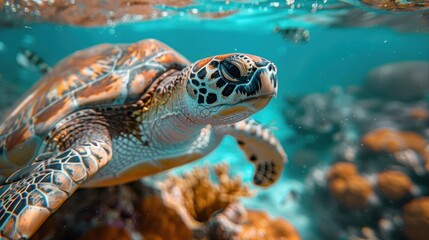 Obraz premium A majestic sea turtle gliding gracefully through the clear blue water.