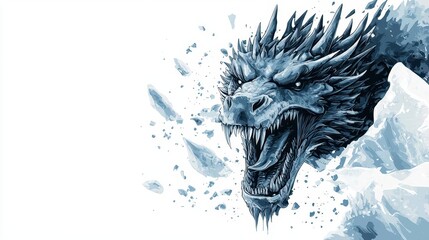 A fierce glacial dragon smashing through ice, sharp claws glinting, digital painting, high contrast, isolated on white background