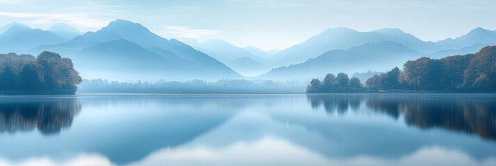 Fototapeta premium Tranquil Lake Serenity, a calm lake mirroring majestic mountains, gentle sky blur, distant trees creating a serene landscape harmony