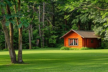 Shed Wood. Orange Wooden Hut in Country Garden with Tall Trees and Green Grass