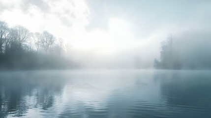 Fototapeta premium Misty Lake Landscape: Tranquil Water Reflections