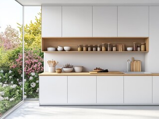 A kitchen with a window and white cabinets. There are many bowls and spoons on the counter
