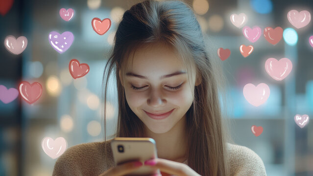 Girl generation Z holding in hands mobile phone and smiling, hearts on the sides. Popularity, addiction to social networks.