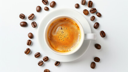 Obraz premium Small espresso cup with coffee beans isolated on white background